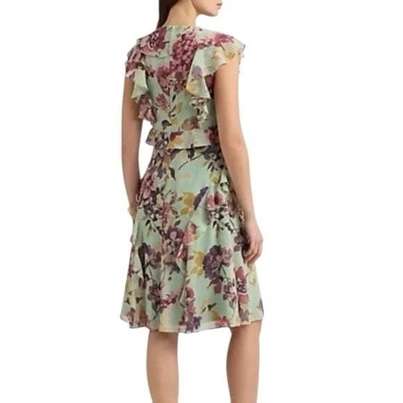 Lauren Ralph Lauren Floral Ruffle Georgette Dress Black Label Sz 8 Green Purple - Picture 2 of 10